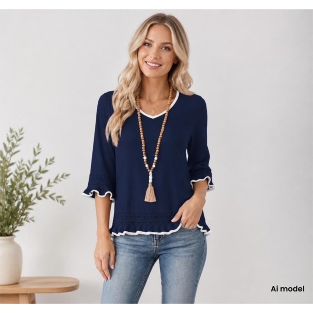 Navy Blue V-Neck Ruffle Trim Eyelet Lace 3/4‎ Sleeve Knit Top Blouse
